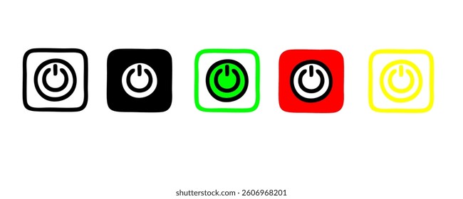 Power button. ON and OFF set icons. Vector black and flat icon, energy sing symbol, Power switch, electricity turn on off, icon, sticker, badge. Editable vector icon set
