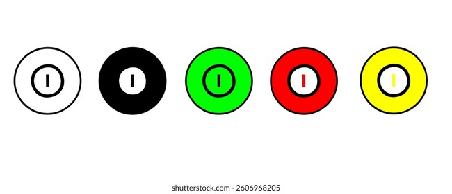 Power button. ON and OFF set icons. Vector black and flat icon, energy sing symbol, Power switch, electricity turn on off, icon, sticker, badge. Editable vector icon set