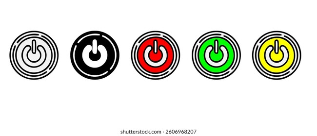 Power button. ON and OFF set icons. Vector black and flat icon, energy sing symbol, Power switch, electricity turn on off, icon, sticker, badge. Editable vector icon set