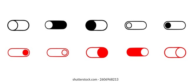 Power button. ON and OFF set icons. Vector black and flat icon, energy sing symbol, Power switch, electricity turn on off, icon, sticker, badge. Editable vector icon set