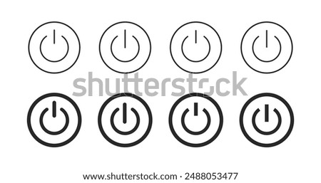 Power button. ON and OFF set icons. Vector black and flat icon, energy sing symbol, Power switch, electricity turn on off, icon, sticker, badge. Editable vector icon set