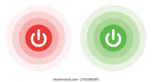 Power button on and off vector icon set  in red and green color. Power start and stop button template design. Energy switch sign. Vector illustration.