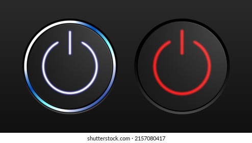 Power Button Realistic Vector Set. Blue And Red Neon Light Round Shape Start Button Icons On A Black Background.