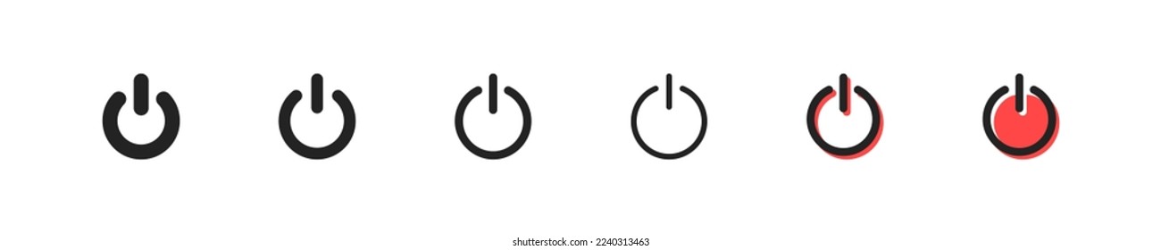 Power button set icon. Turn, on, off, reset, device, phone, computer, Power off, start, switch, shut down. Technology concept. Six vector line icon in different styles