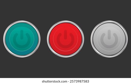 Power button set. Vector illustration depicting circular power buttons with a metallic rim and a power symbol in the center