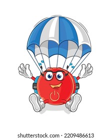 the power button skydiving character. cartoon mascot vector