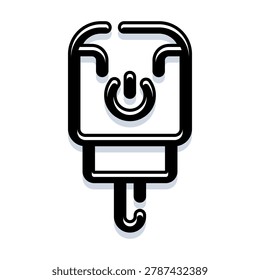Power button symbol line art icon on white background, black outline and subtle shadow representing onoff control for electronic devices, apps, interfaces and digital systems