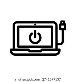 Power button symbol on a laptop screen, indicating shutdown or startup, with a power cable plugged in for charging or operation