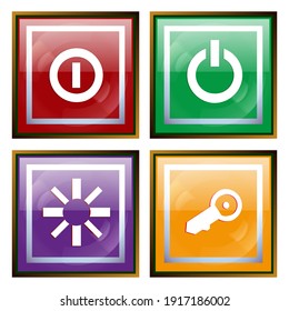Botones de alimentación coloreados, ilustración cuadrada de apagado, activado. Icono de interfaz.