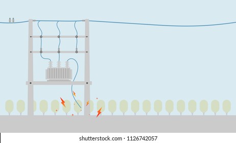 Power cable damaged and short circuit with fire spark on electricity post.