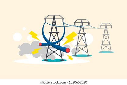 Power cable damaged and short circuit with fire spark on high voltage pole.