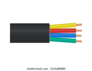 Power cable, electric copper wire, optic fiber network cable. Wire line for electronics and connection. Vector flat illustration
