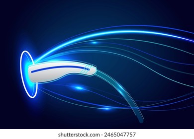 Power cable pump plug in charging power to electric vehicle EV car with modern technology on hi tech blue future background. Vector illustration.