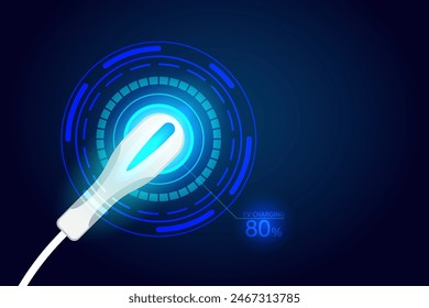 Power cable pump plug in charging power to electric vehicle EV car with modern technology on hi tech blue future background. Vector illustration.