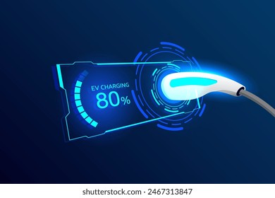 Power cable pump plug in charging power to electric vehicle EV car with modern technology on hi tech blue future background. Vector illustration.