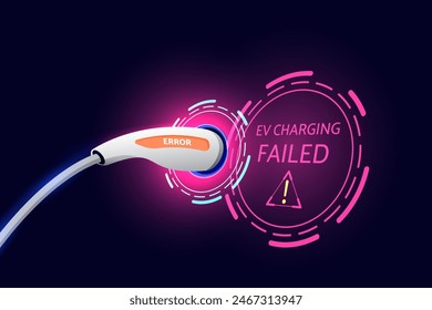 Enchufe de la bomba del cable de alimentación en la energía de carga al coche eléctrico del vehículo EV con la tecnología moderna en el fondo de la alta tecnología. Fallo de carga EV .Ilustración vectorial.