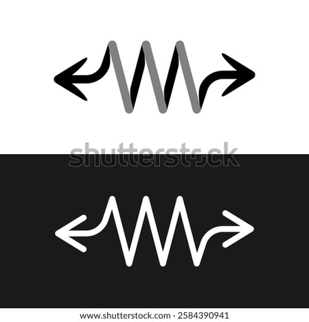 Power cable spring tension icon. Fitness rubbers logo. Gym force rope symbol. Spring with arrows stretch side directions. Adjustable stroke on the bottom symbol.