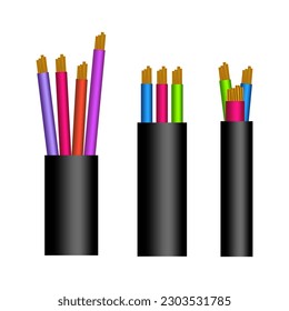 Power cables various types with electrical wire conductors held together with overall sheath. Cords for construction works, light, communication set. cable isolated. Vector illustration.