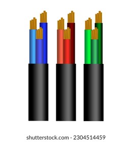 Power cables various types with electrical wire conductors held together with overall sheath. Cords for construction works, light, communication set. cable isolated. Vector illustration.
