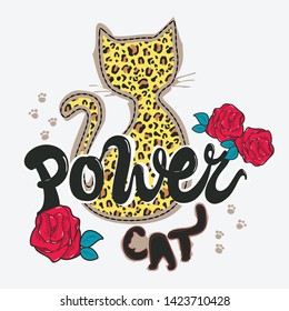 Power cat typography slogan, Leopard silhouette and rose, T-shirt graphics vector.