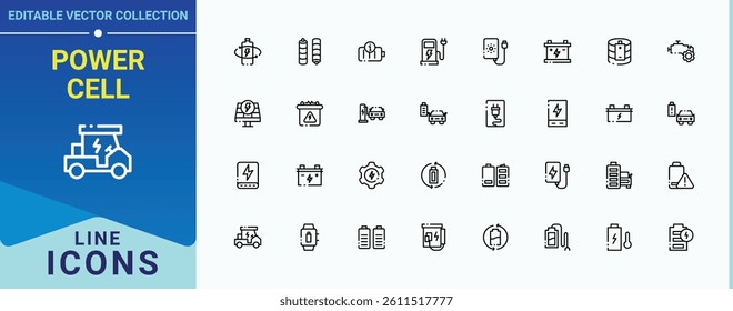 Power Cell modern icon. It contains symbols to charger, charge, charging, recharge and more. Battery icon collection. Minimalist icons pack. Editable stroke. Vector illustration.