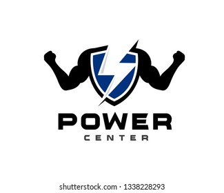 Power center shield electric body health fitness logo design inspiration