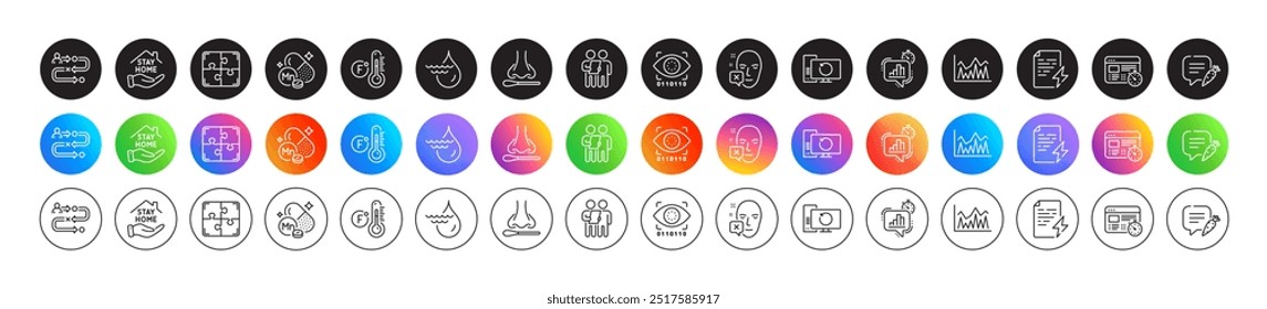 Power certificate, Journey path and Manganese mineral line icons. Round icon gradient buttons. Pack of Recovery computer, Nasal test, Chat bubble icon. Vector