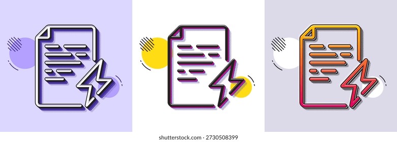 Symbol für die Netzstromzertifikatzeile. Gestricheltes Rastermuster. Farbverlaufssymbol mit Schatten. Dokument über elektrische Energie. Manuelles Ladesymbol. Symbol für das Netzstromzertifikat. Verschiedene Designs. Vektorgrafik