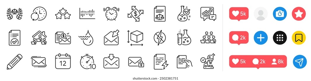 Power certificate, Teamwork and Work home line icons pack. Social media icons. Column diagram, Justice scales, Chemistry flask web icon. Pencil, Approved document, Antistatic pictogram. Vector