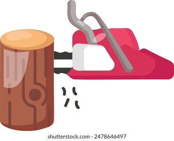 Power chainsaw cutting wood plank of felled tree trunk concept, Electric Log Cutter limbing vector color icon design, timber and lumber Symbol, Forestry Deforestation Sign,mill yard saw works stock