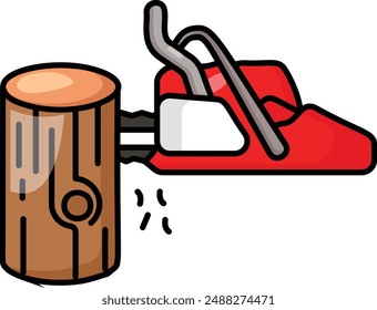 Power chainsaw cutting wood plank of felled tree trunk concept, Electric Log Cutter limbing vector outline design, timber and lumber Symbol, Forestry Deforestation Sign,mill yard saw works stock