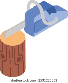 Power chainsaw cutting wood plank of felled tree trunk isometric concept, Electric Log Cutter limbing vector icon design, timber and lumber Symbol, Forestry Deforestation sign mill yard and sawworks