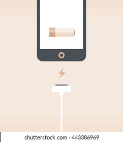 Power charge process of a mobile phone with charge cable and battery on screen