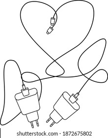 Power chargets love and energy source. Handheld USB charger. Mobiles device. Minimalist black linear sketch isolated on white background. Vector illustration for  
cartoons, IT, cards.