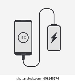 Power charging concept. Charging smartphone. USB cable is connected to the mobile phone. Vector illustration in flat style.