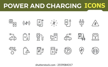 Power and Charging icon set. Contains such icons as car, technology, ev, supply, charger, energy. Minimalist web icons. Editable vector stroke.