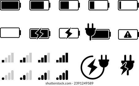 power charging status and radio wave icon set