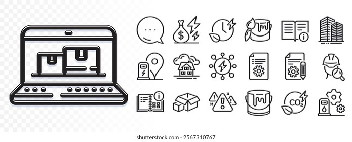 Power, Co2 gas and Web inventory line icons for web app. Glare of light effect. Message icon. Pack of Charging time, Skyscraper buildings, Warning pictogram icons. Vector