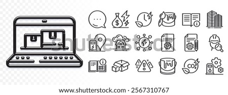 Power, Co2 gas and Web inventory line icons for web app. Glare of light effect. Message icon. Pack of Charging time, Skyscraper buildings, Warning pictogram icons. Vector