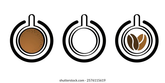 Power coffee, off or on. Cartoon hot coffee cup or mug withe roasted coffee beans. For break time or  o clock or coffee time. For school, work or pause moment. Espresso drink.