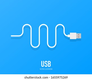 Diseño de fondo de concepto de alimentación, cable blanco USB , aislado en un fondo azul.