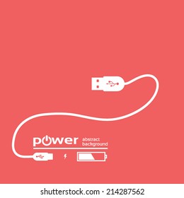 power concept background design, USB white cable , isolated on a red background, vector illustration