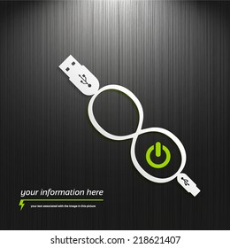 power concept background design, USB white cable , isolated on a dark textured background, vector illustration