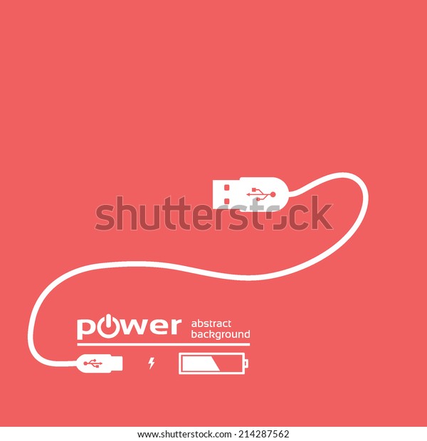 power concept background\
design, USB white cable , isolated on a red background, vector\
illustration