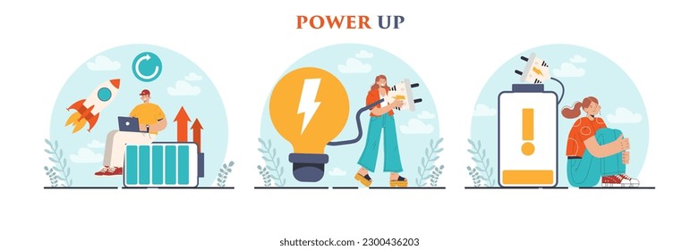 Power up concept set. Energetic character with enthusiasm. Vital energy, strength, inspiration and aspiration idea. Recharge or retreat. Flat vector illustration