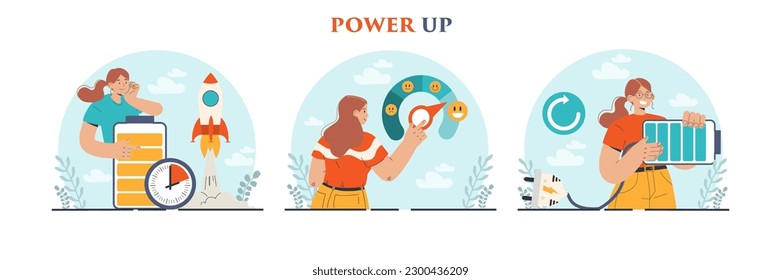 Power up concept set. Energetic character with enthusiasm. Vital energy, strength, inspiration and aspiration idea. Recharge or retreat. Flat vector illustration