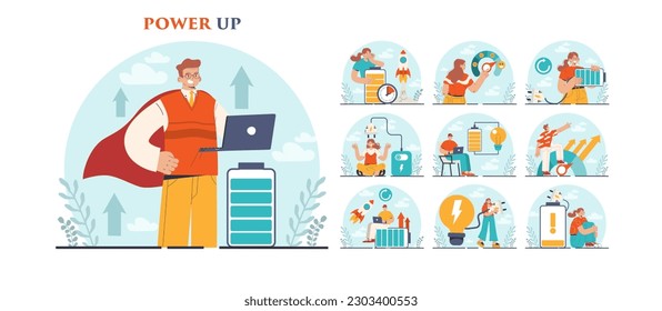 Power up concept set. Energetic character with enthusiasm. Vital energy, strength, inspiration and aspiration idea. Recharge or retreat. Flat vector illustration