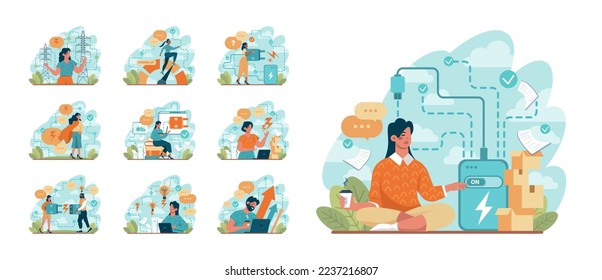 Power up concept set. Vital energy , strength, inspiration, aspiration. New beggining, start up idea. Flat vector illustration