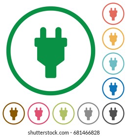 Power connector plug flat color icons in round outlines on white background