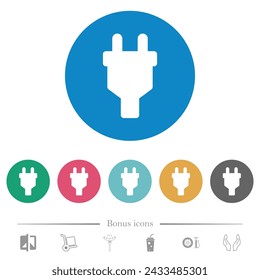 Power connector plug solid flat white icons on round color backgrounds. 6 bonus icons included.